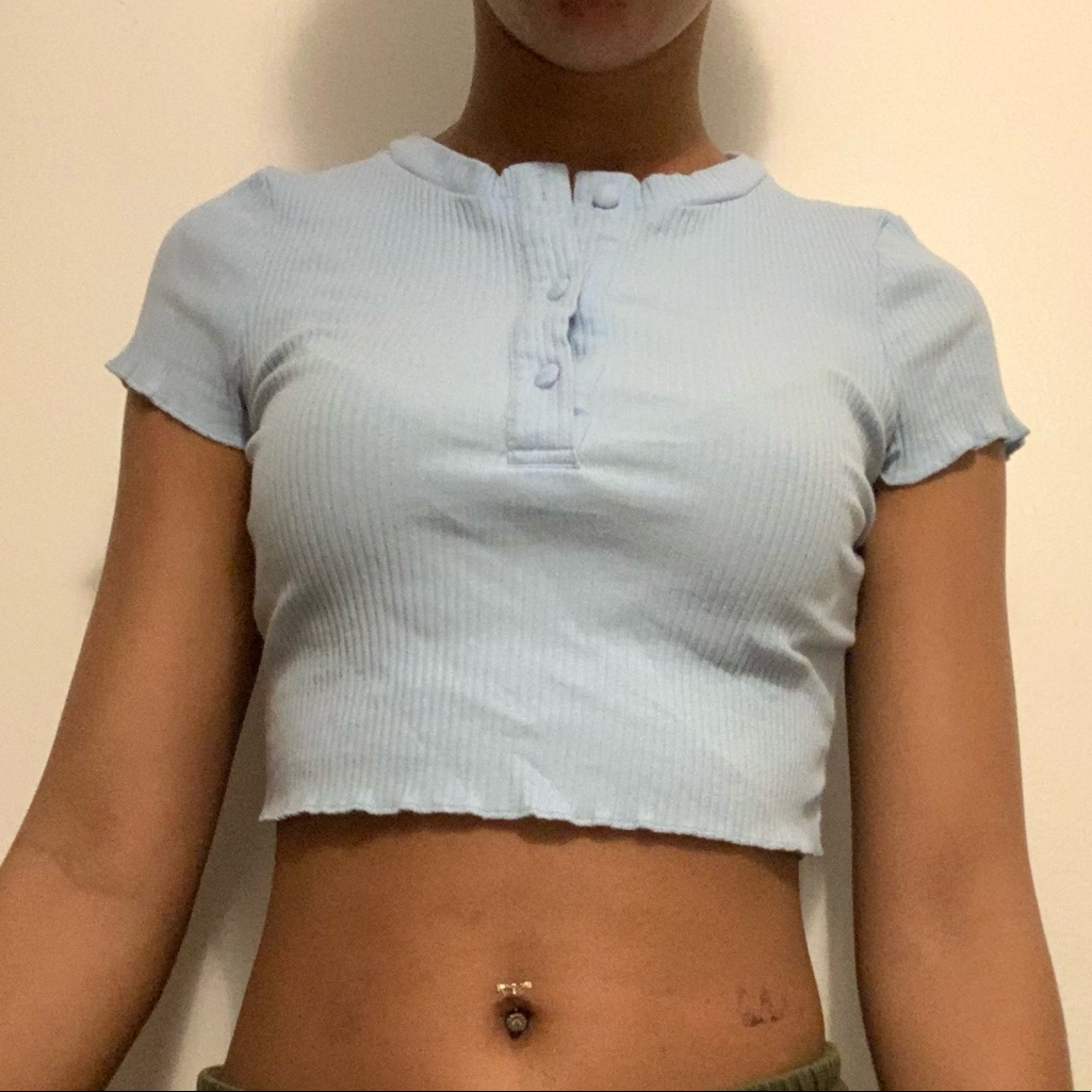 Blue Button, Ribbed Crop Top